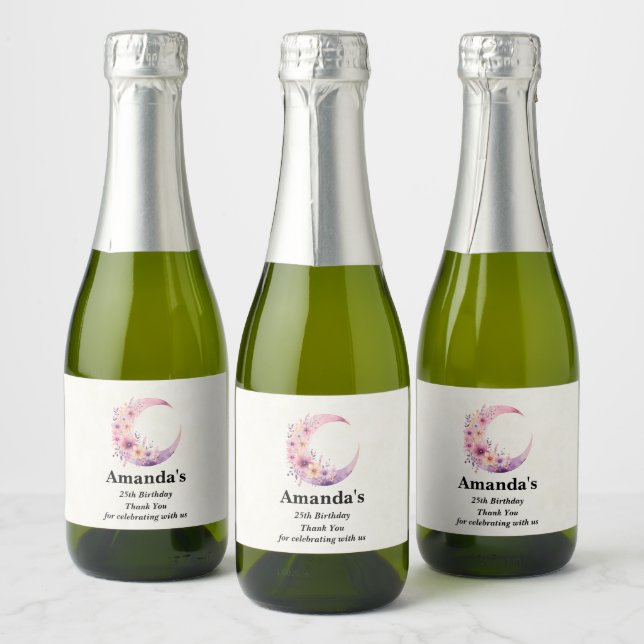 Pink Crescent Moon Birthday Thank You Sparkling Wine Label (Bottles)