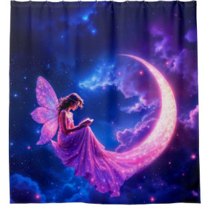 Pink crescent moon fairy tale starry sky art shower curtain
