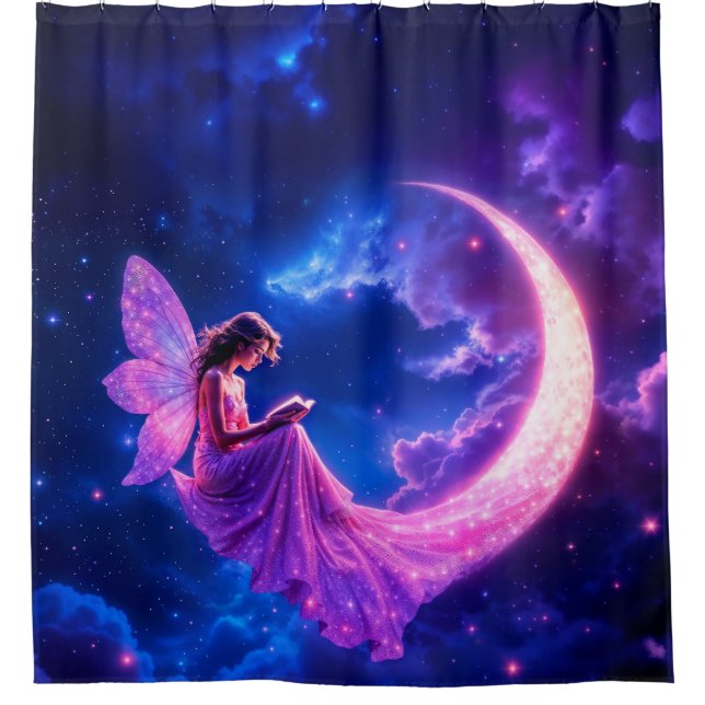 Pink crescent moon fairy tale starry sky art shower curtain (Front)