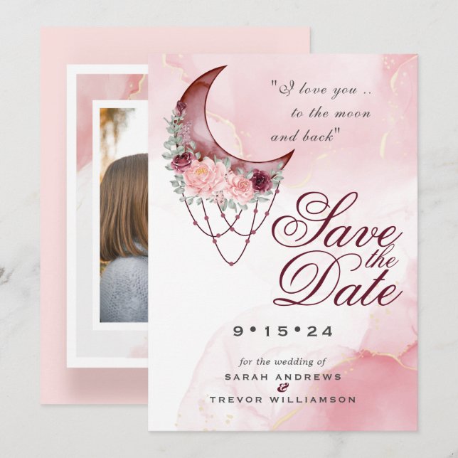 Pink Crescent Moon Photo Save the Date Invitation (Front/Back)