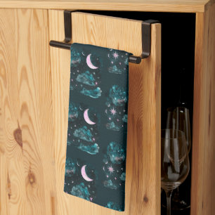 Pink Crescent Moon Stars Celestial Blue Halloween Tea Towel
