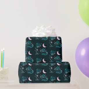 Pink Crescent Moon Stars Celestial Blue Halloween Wrapping Paper
