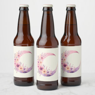 Pink Crescent Moon with Pretty Flowers Beer Bottle Label