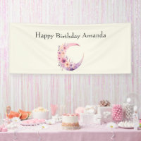 Pink Crescent Moon with Pretty Flowers Birthday