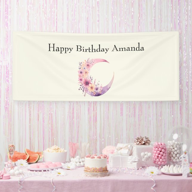 Pink Crescent Moon with Pretty Flowers Birthday Banner (Party)