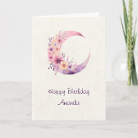 Pink Crescent Moon with Pretty Flowers Birthday