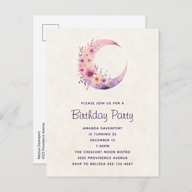Pink Crescent Moon with Pretty Flowers Birthday Invitation Postcard (Front/Back)