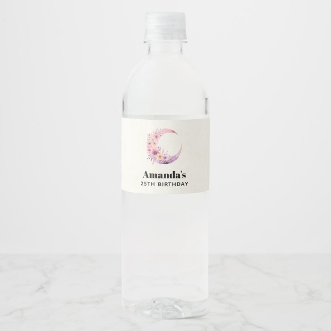 Pink Crescent Moon with Pretty Flowers Birthday Water Bottle Label (Front)