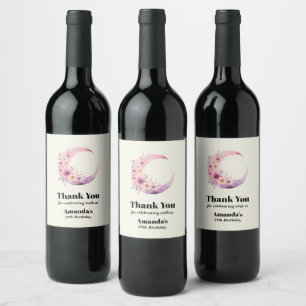 Pink Crescent Moon with Pretty Flowers Birthday Wine Label