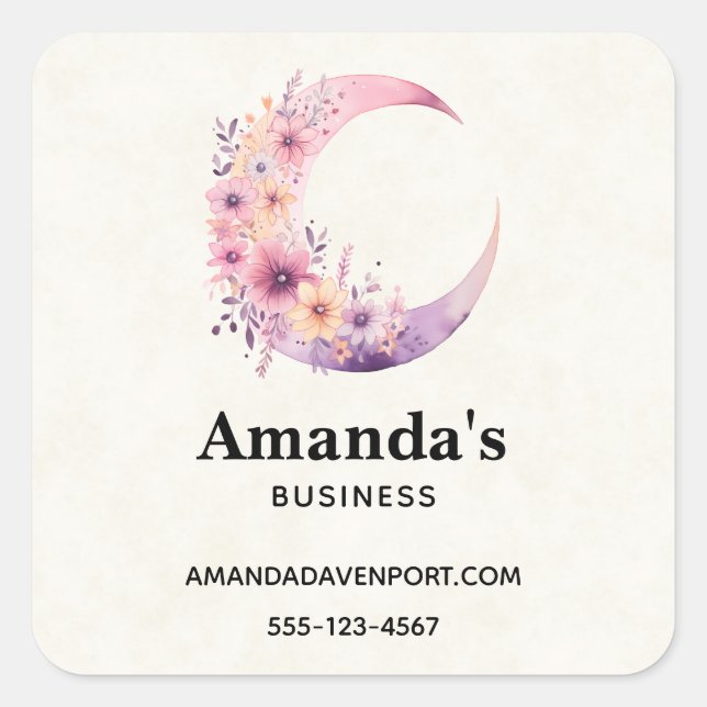 Pink Crescent Moon with Pretty Flowers Business Square Sticker (Front)