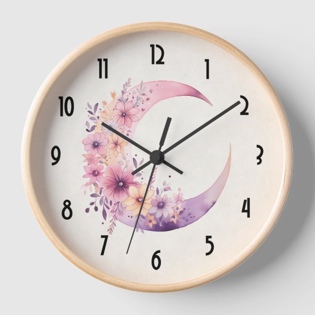 Pink Crescent Moon with Pretty Flowers Clock (Front)