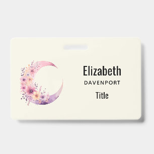Pink Crescent Moon with Pretty Flowers ID Badge
