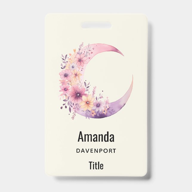 Pink Crescent Moon with Pretty Flowers ID Badge (Front)