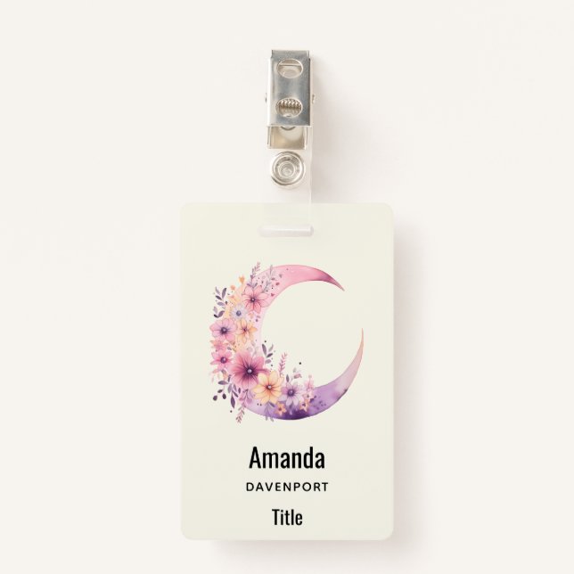 Pink Crescent Moon with Pretty Flowers ID Badge (Front with Clip)