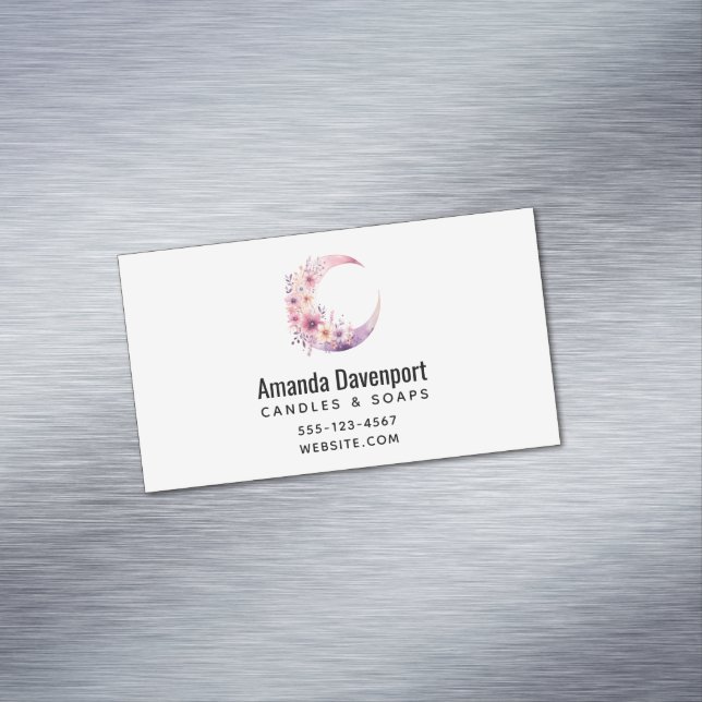 Pink Crescent Moon with Pretty Flowers Magnetic Business Card (In Situ)