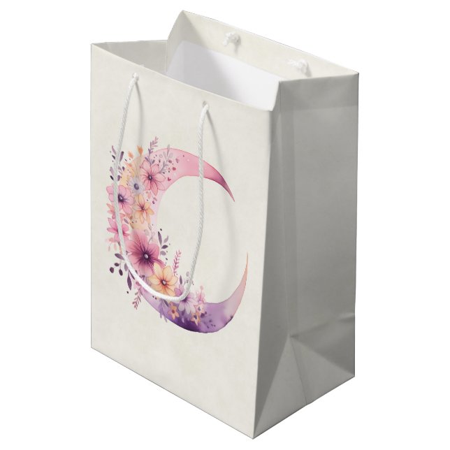 Pink Crescent Moon with Pretty Flowers Medium Gift Bag (Front Angled)