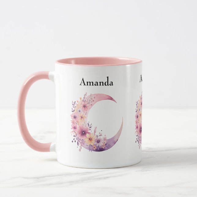 Pink Crescent Moon with Pretty Flowers Mug (Left)