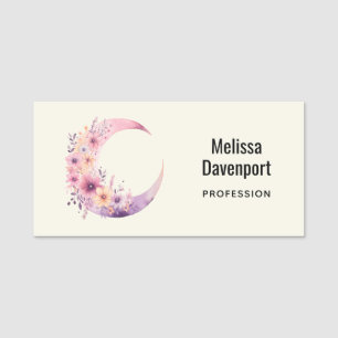 Pink Crescent Moon with Pretty Flowers Name Tag
