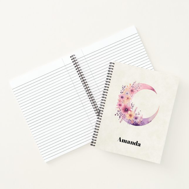 Pink Crescent Moon with Pretty Flowers Notebook (Inside)