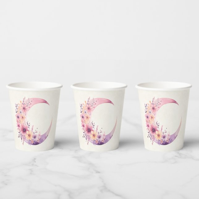 Pink Crescent Moon with Pretty Flowers Paper Cups (Multi)
