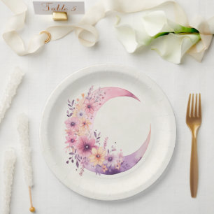 Pink Crescent Moon with Pretty Flowers Paper Plate