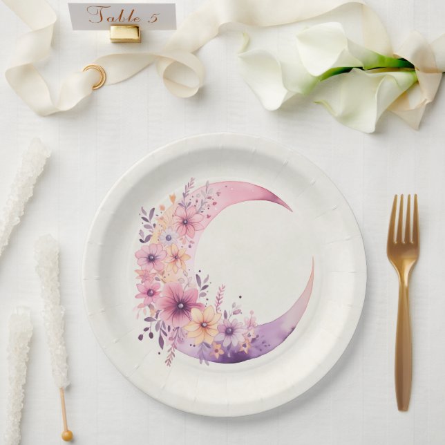 Pink Crescent Moon with Pretty Flowers Paper Plate (Wedding)