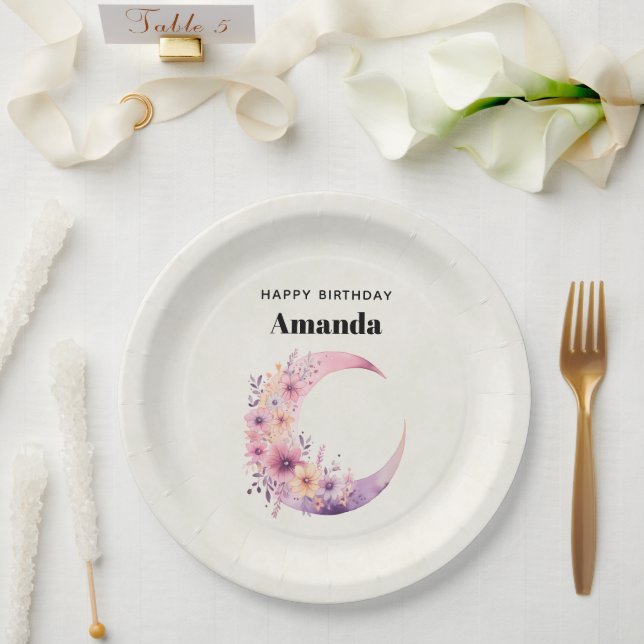 Pink Crescent Moon with Pretty Flowers Paper Plate (Wedding)