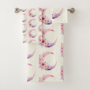 Pink Crescent Moon with Pretty Flowers Pattern Bath Towel Set