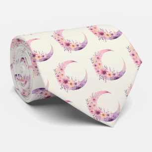 Pink Crescent Moon with Pretty Flowers Pattern Tie
