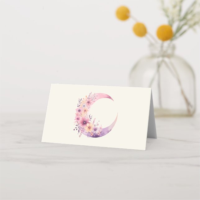 Pink Crescent Moon with Pretty Flowers Place Card (Front)