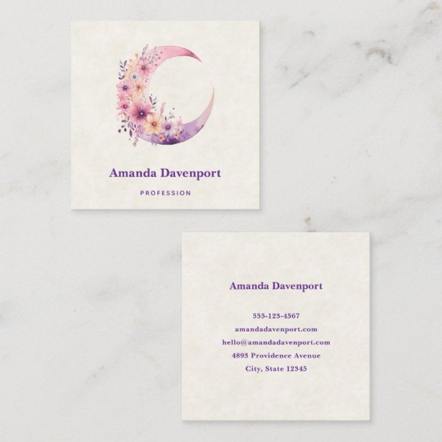 Pink Crescent Moon with Pretty Flowers Square Business Card (Front/Back)