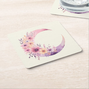 Pink Crescent Moon with Pretty Flowers Square Paper Coaster