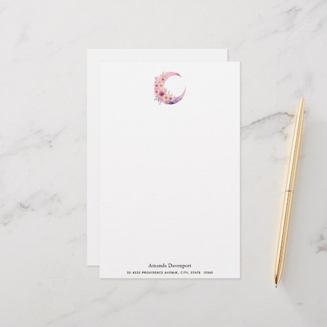 Pink Crescent Moon with Pretty Flowers Stationery (Front/Back In Situ)