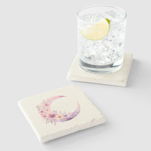 Pink Crescent Moon with Pretty Flowers Stone Coaster