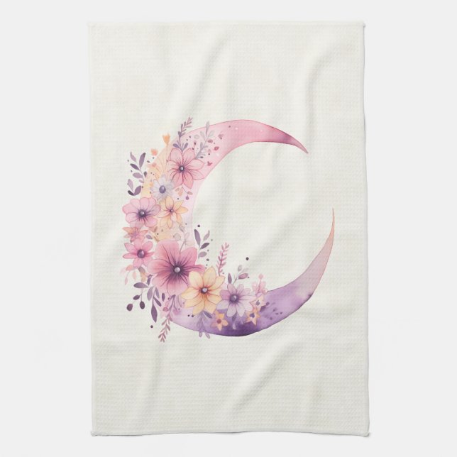 Pink Crescent Moon with Pretty Flowers Tea Towel (Vertical)