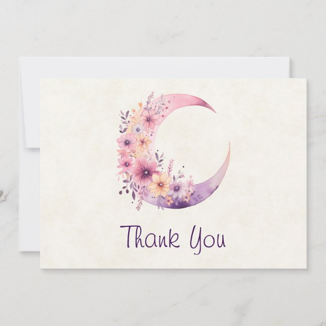 Pink Crescent Moon with Pretty Flowers Thank You Card (Front)