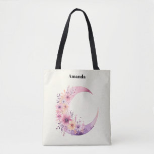 Pink Crescent Moon with Pretty Flowers Tote Bag
