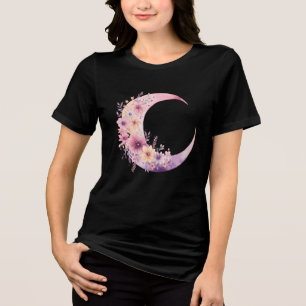 Pink Crescent Moon with Pretty Flowers Tri-Blend Shirt