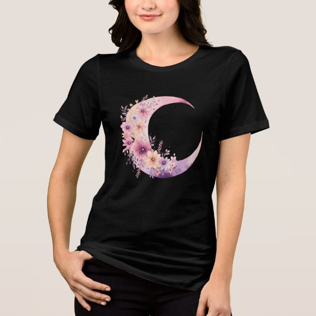 Pink Crescent Moon with Pretty Flowers Tri-Blend Shirt (Front)