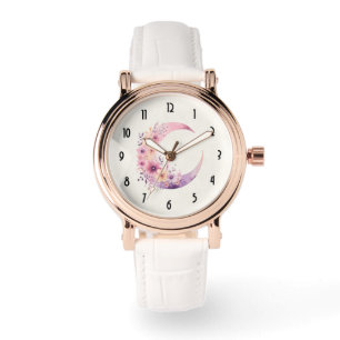 Pink Crescent Moon with Pretty Flowers Watch