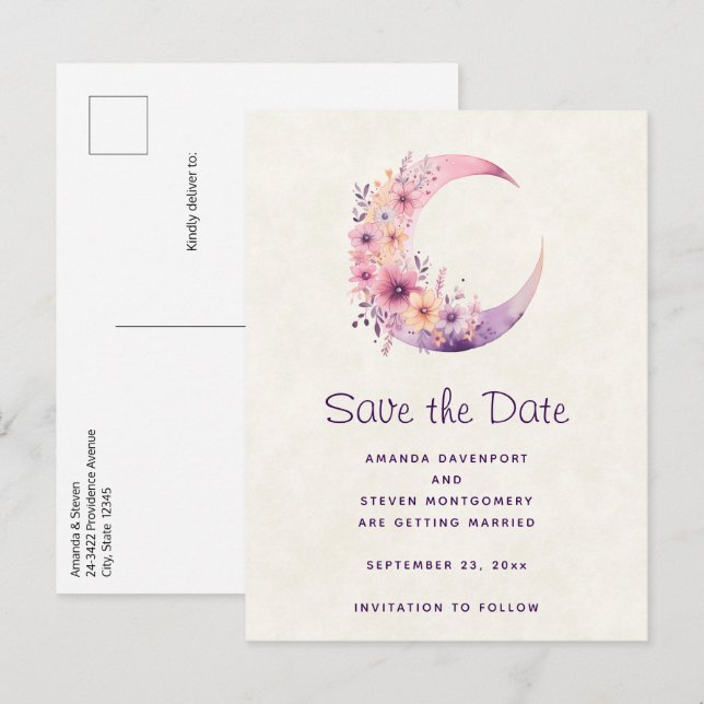 Pink Crescent Moon with Pretty Flowers Wedding Announcement Postcard (Front/Back)