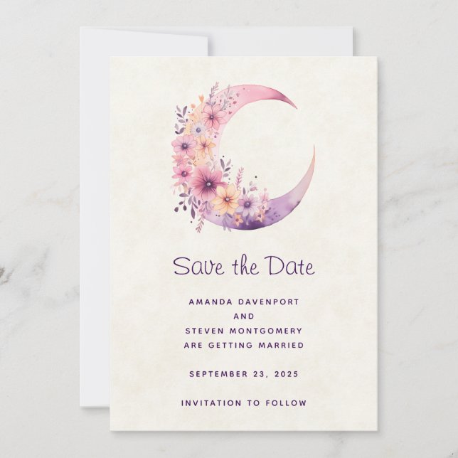 Pink Crescent Moon with Pretty Flowers Wedding Save The Date (Front)