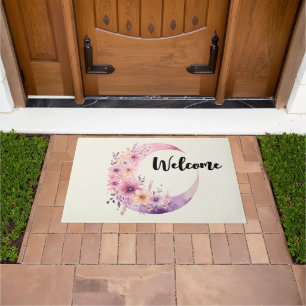 Pink Crescent Moon with Pretty Flowers Welcome Doormat