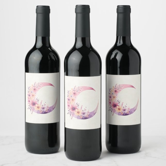 Pink Crescent Moon with Pretty Flowers Wine Label (Bottles)