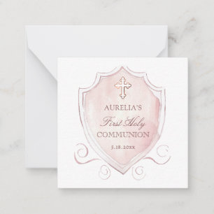 Pink Crest First Communion Mini Thank You Card