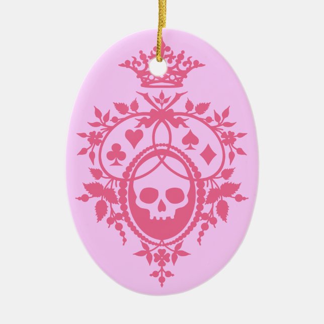 Pink Crest with Skull and Cardsuits Ceramic Tree Decoration (Front)