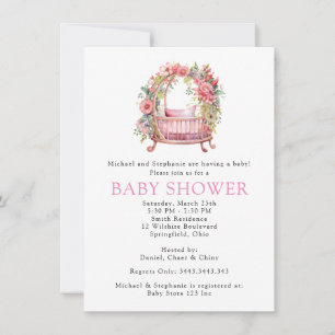 Pink Crib Floral Girl Baby Shower Invitation