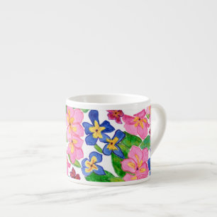 Pink, Crimson and Blue Primroses Floral on White Espresso Cup