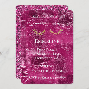 Pink Crinkle Glitzy Gold Glitter Eyelashes  Invitation
