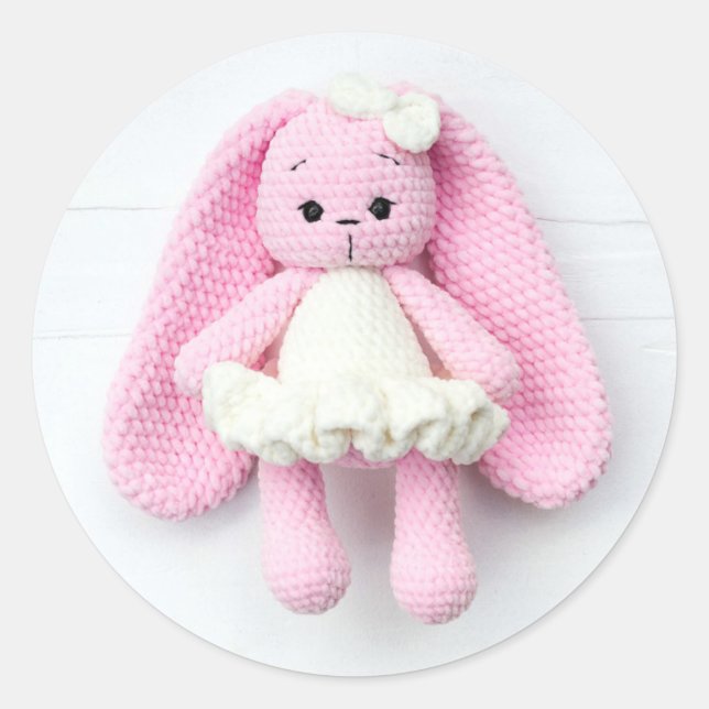 Pink Crochet Bunny – Cute Handmade Art Design Classic Round Sticker (Front)